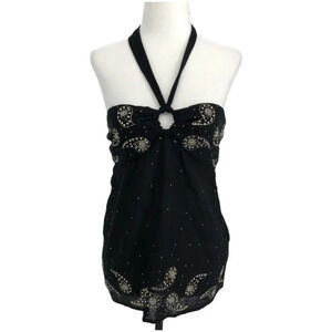 NWT Marciano Black Cotton Halter Top  w Gold Studded Paisley Embroidery size L
